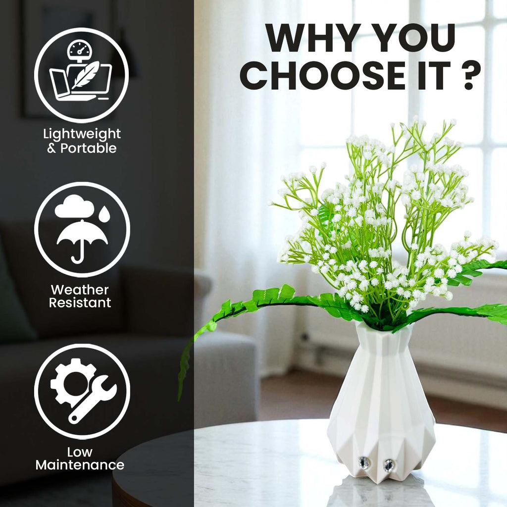 Go Hooked Artificial Flowers with Majesty Vase 45cm Approx | 5Pcs White Baby’s Breath Gypsophila | 4Pcs Fern Leaves | Real Touch Faux Plant Décor for Living Room, Bedroom, Office & Tabletop
