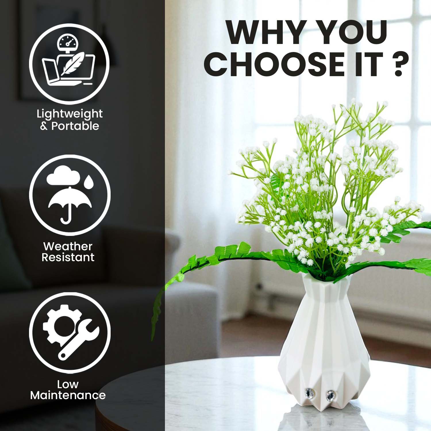 Go Hooked Artificial Flowers with Majesty Vase 45cm Approx | 5Pcs White Baby’s Breath Gypsophila | 4Pcs Fern Leaves | Real Touch Faux Plant Décor for Living Room, Bedroom, Office & Tabletop