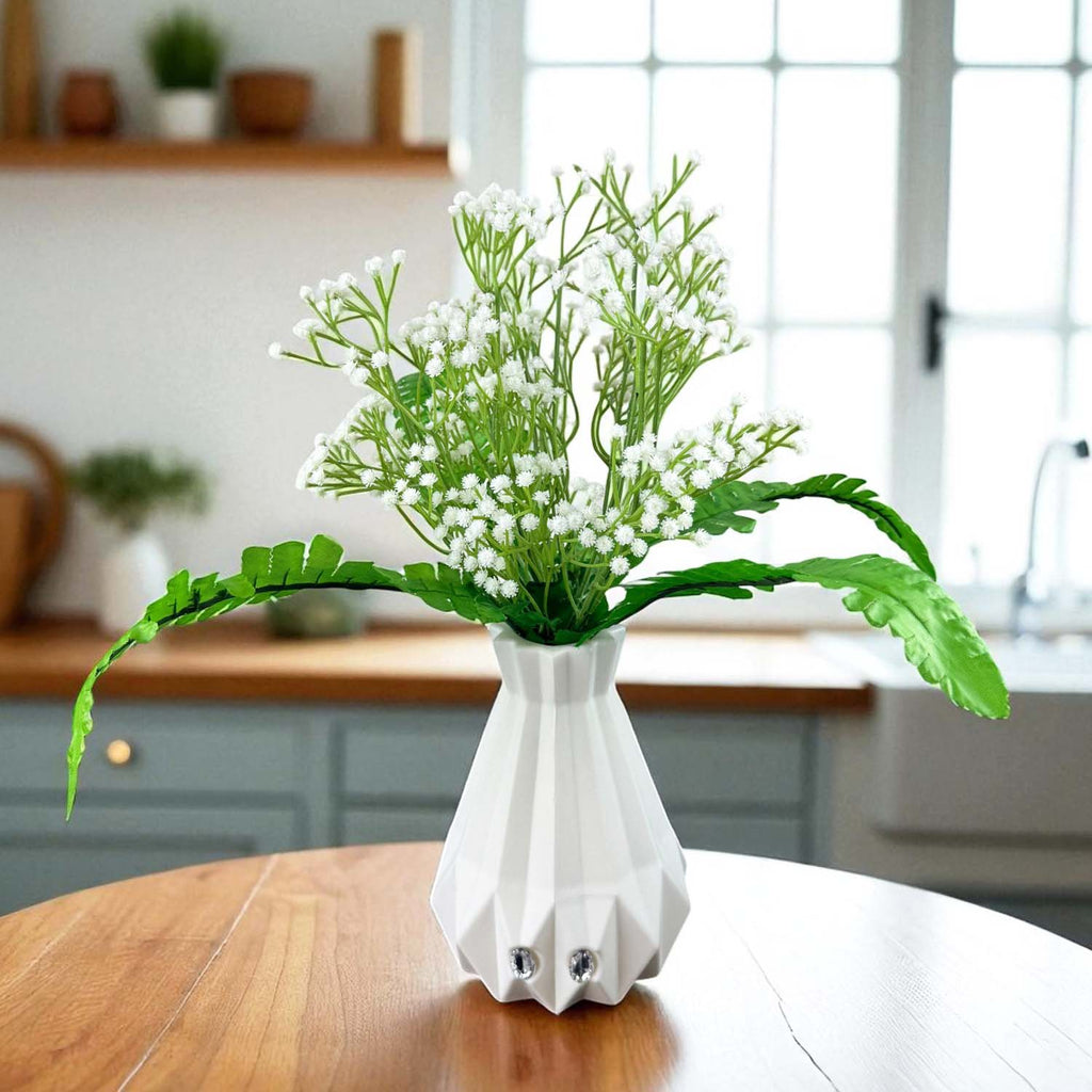 Go Hooked Artificial Flowers with Majesty Vase 45cm Approx | 5Pcs White Baby’s Breath Gypsophila | 4Pcs Fern Leaves | Real Touch Faux Plant Décor for Living Room, Bedroom, Office & Tabletop