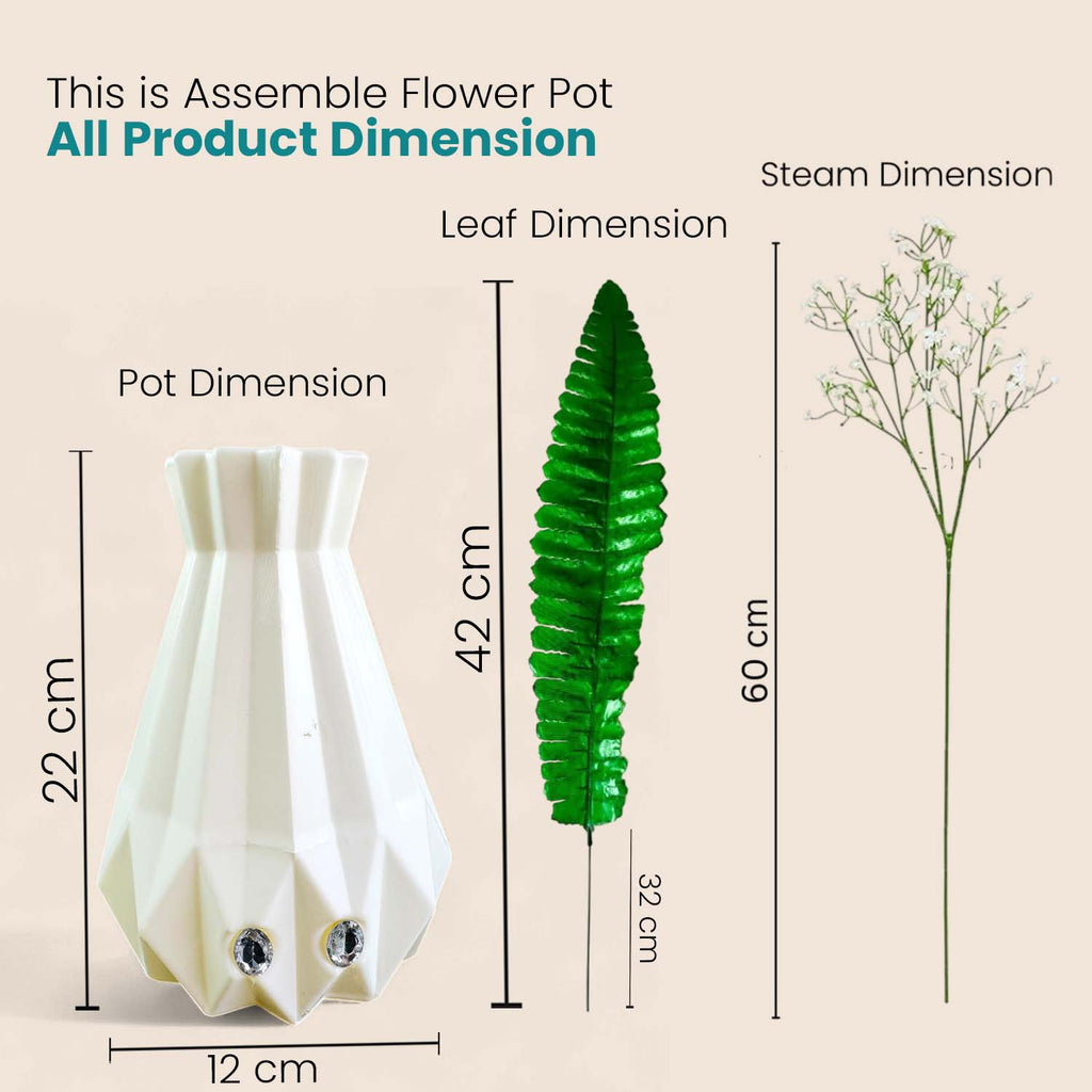 Go Hooked Artificial Flowers with Majesty Vase 45cm Approx | 5Pcs White Baby’s Breath Gypsophila | 4Pcs Fern Leaves | Real Touch Faux Plant Décor for Living Room, Bedroom, Office & Tabletop