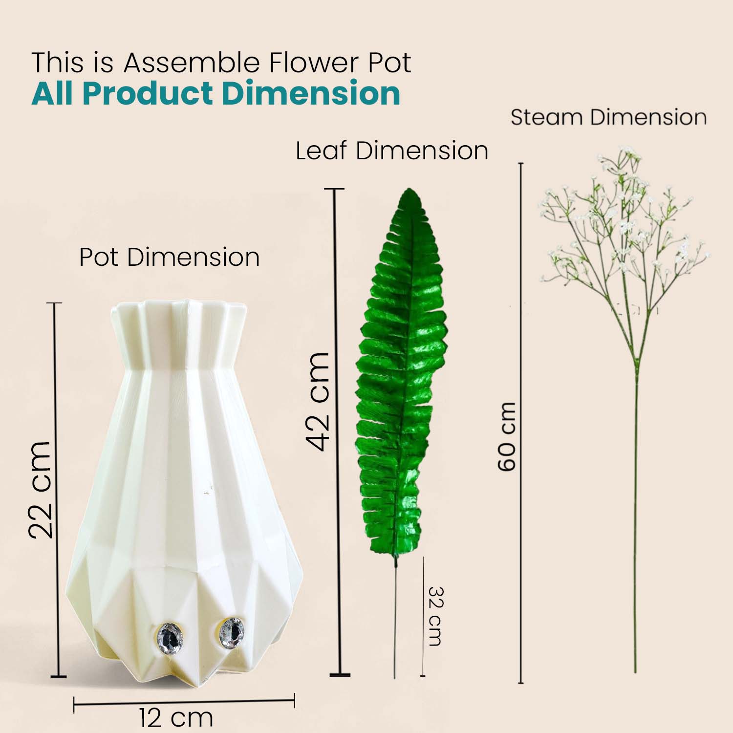 Go Hooked Artificial Flowers with Majesty Vase 45cm Approx | 5Pcs White Baby’s Breath Gypsophila | 4Pcs Fern Leaves | Real Touch Faux Plant Décor for Living Room, Bedroom, Office & Tabletop