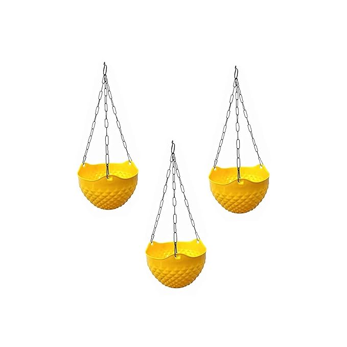 Go Hooked Round Crystal Plastic Flower Hanging Planter with Metal Hanging Chain/Beautiful Hanging Flower Pots for Home Garden Balcony (Orange)(Pack of 7)